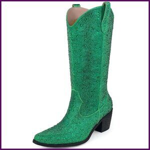 Mid Calf Rhinestone Cowboy Boots Faux Suede Block Heel Pull On Tabs